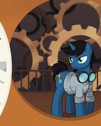 Size: 800x1000 | Tagged: safe, artist:drawponies, pony, unicorn, clock tower, gears, goggles, male, solo, stallion