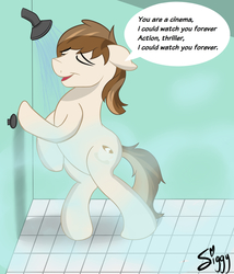 Size: 4220x4925 | Tagged: safe, artist:siggyderp, oc, oc only, oc:mocha creme, absurd resolution, benny benassi, bipedal leaning, cinema, dialogue, lyrics, shower, singing, singing in the shower, solo, song reference