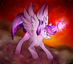 Size: 1700x1500 | Tagged: safe, artist:rhythmcrown, twilight sparkle, alicorn, pony, g4, twilight's kingdom, angry, female, fluffy, glare, gritted teeth, magic, mare, nose wrinkle, solo, spread wings, twilight sparkle (alicorn), wingding eyes