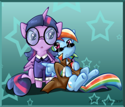 Size: 567x485 | Tagged: safe, artist:tailzkip, rainbow dash, twilight sparkle, alicorn, pony, g4, female, glasses, mare, twilight sparkle (alicorn)