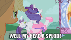 Size: 1280x720 | Tagged: safe, edit, edited screencap, screencap, applejack, opalescence, rarity, g4, homestar runner, image macro, insanity, meme