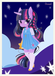 Size: 3759x5221 | Tagged: safe, artist:catseyeart, twilight sparkle, semi-anthro, g4, blushing, bow, braid, clothes, cute, cutie mark, dress, female, hair bow, looking at you, pixiv, socks, solo, stars, twiabetes