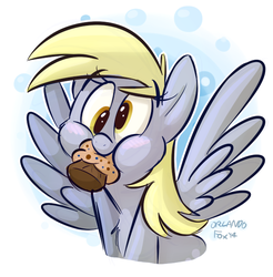 Size: 648x659 | Tagged: safe, artist:thedoggygal, derpy hooves, pegasus, pony, g4, blushing, cute, female, mare, muffin, portrait, puffy cheeks, solo