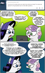 Size: 1024x1639 | Tagged: safe, artist:catfood-mcfly, rarity, sweetie belle, g4, adventure in the comments, angry, ask, comic, computer, fury belle, jontron, laptop computer, sisters, social justice warrior, speech bubble, tumblr, worried