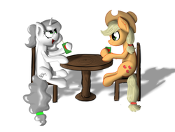 Size: 1280x969 | Tagged: safe, artist:marsminer, applejack, earth pony, object pony, original species, pony, g4, apple juice, applejack's hat, art trade, chair, cowboy hat, drinking, element pony, hat, juice box, mercury (element), open mouth, ponified, simple background, sitting, smiling, table, white background