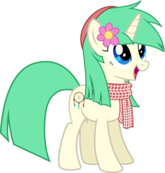 Size: 5857x6137 | Tagged: safe, artist:diamondsword11, oc, oc only, oc:minty, pony, unicorn, absurd resolution, clothes, female, flower, flower in hair, happy, hat, open mouth, scarf, simple background, smiling, solo, transparent background, vector