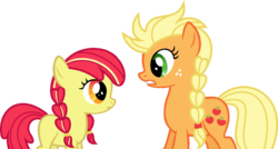 Size: 1024x549 | Tagged: dead source, safe, artist:archerinblue, apple bloom, applejack, earth pony, pony, g4, alternate hairstyle, anna, apple sisters, braid, crossover, duo, duo female, elsa, eye contact, female, filly, foal, frown, frozen (movie), gritted teeth, hatless, mare, missing accessory, queen elsajack, reference, siblings, simple background, sisters, transparent background, vector