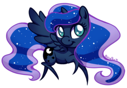 Size: 500x347 | Tagged: safe, artist:shinepawpony, princess luna, g4, chibi, cute, female, raised hoof, raised leg, simple background, smiling, solo, spread wings, transparent background, vector