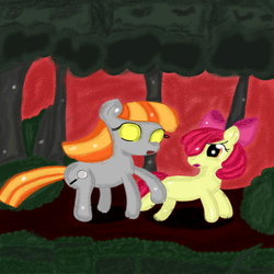 Size: 1024x1024 | Tagged: safe, artist:littlelullabyheart, apple bloom, oc, oc:ruby, oc:ruby (story of the blanks), earth pony, ghost, ghost pony, pony, story of the blanks, g4, duo