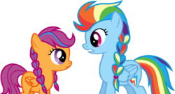 Size: 1024x551 | Tagged: safe, artist:archerinblue, rainbow dash, scootaloo, pegasus, pony, g4, alternate hairstyle, anna, braid, crossover, duo, duo female, elsa, eye contact, female, filly, foal, frown, frozen (movie), gritted teeth, mare, simple background, transparent background, vector
