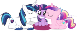 Size: 880x360 | Tagged: safe, artist:dm29, princess cadance, shining armor, twilight sparkle, pony, unicorn, g4, cheek kiss, cute, eyes closed, female, filly, filly twilight sparkle, grin, happy, julian yeo is trying to murder us, kiss sandwich, kissing, pillow, platonic kiss, prone, simple background, sitting, smiling, squee, transparent background, trio, twiabetes, twily, unicorn twilight, younger