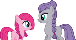 Size: 1024x535 | Tagged: safe, artist:archerinblue, maud pie, pinkie pie, earth pony, pony, g4, alternate hairstyle, anna, braid, crossover, duo, duo female, elsa, eye contact, female, filly, foal, frown, frozen (movie), mare, simple background, transparent background, vector