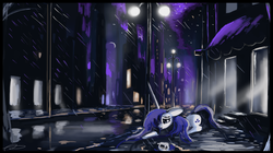 Size: 1280x717 | Tagged: dead source, safe, artist:auroriia, rarity, g4, female, manehattan, night, rain, sad, solo, wet