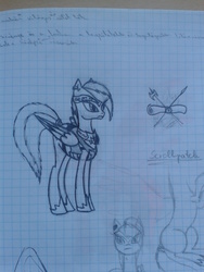 Size: 1536x2048 | Tagged: safe, artist:petunedrop, oc, oc:scrollpatch, graph paper, monochrome, royal guard, sketch, traditional art