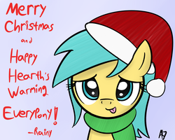 Size: 1280x1024 | Tagged: safe, artist:datahmedz, sunshower raindrops, pony, raindropsanswers, g4, ask, christmas, clothes, cute, female, hat, holiday, santa hat, scarf, solo, tongue out, tumblr