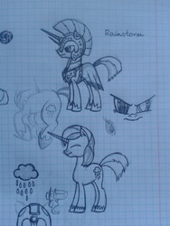 Size: 1536x2048 | Tagged: safe, artist:petunedrop, oc, oc:rainstorm, pony, unicorn, cutie mark, graph paper, monochrome, royal guard, sketch, traditional art