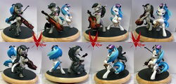 Size: 3321x1600 | Tagged: dead source, safe, artist:viistar, dj pon-3, octavia melody, vinyl scratch, pony, g4, action pose, bedroom eyes, bipedal, cello, duo, female, hoof hold, mare, mouth hold, musical instrument, saxophone, sculpture, smiling, smirk, turnaround