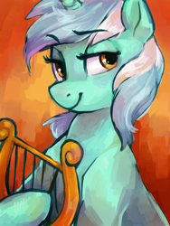 Size: 768x1024 | Tagged: safe, artist:johling, lyra heartstrings, pony, unicorn, g4, abstract background, female, lyre, solo