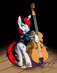 Size: 1100x1400 | Tagged: safe, artist:brab777, oc, oc only, oc:blackjack, pony, unicorn, fallout equestria, fallout equestria: project horizons, bipedal, butt, cello, clothes, cutie mark, fanfic, fanfic art, female, hooves, horn, jumpsuit, looking at you, looking back, looking back at you, mare, musical instrument, pipbuck, plot, smiling, solo, teeth, vault suit