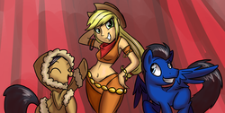 Size: 1985x1000 | Tagged: safe, artist:professor-ponyarity, applejack, oc, oc:borealis, oc:nimbus skydraft, human, g4, armpits, belly button, belly dancer, humanized, midriff, trio