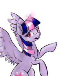 Size: 1024x1037 | Tagged: safe, artist:rflzqt, twilight sparkle, alicorn, pony, g4, female, fluffy, glowing horn, horn, looking at you, magic, mare, open mouth, simple background, sitting, solo, spread wings, transparent background, twilight sparkle (alicorn), vector, wrong eye color