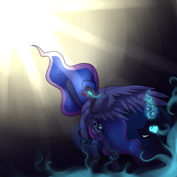 Size: 1024x1024 | Tagged: safe, artist:novabytes, nightmare moon, princess luna, g4, crying, glowing eyes, light, magic, reaching, sad, shadow