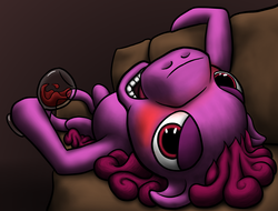 Size: 1934x1466 | Tagged: safe, artist:exedrus, berry punch, berryshine, g4, alcohol, bedroom eyes, blushing, couch, female, glass, hoof hold, looking at you, nightmare fuel, on back, open mouth, smiling, solo, tipsy, wine, wine glass