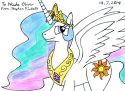 Size: 1115x811 | Tagged: safe, artist:sricketts14381, princess celestia, g4, female, simple background, solo, spread wings, traditional art