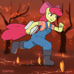 Size: 1000x1000 | Tagged: safe, artist:empyu, apple bloom, earth pony, anthro, g4, female, fire swamp, fireproof boots, overalls, pie, solo