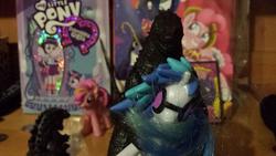 Size: 1024x576 | Tagged: safe, idw, dj pon-3, pinkie pie, princess luna, twilight sparkle, vinyl scratch, kaiju, equestria girls, g4, bandai creations, dvd, female, godzilla, godzilla (series), godzilla 2014, irl, neca, photo, rainbow power, toy, twilight sparkle (alicorn)