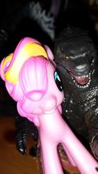 Size: 581x1032 | Tagged: safe, pinkie pie, kaiju, g4, crossover, godzilla, godzilla (series), godzilla 2014, irl, magazine figure, neca, photo, rainbow power, toy