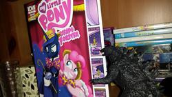 Size: 1024x576 | Tagged: safe, idw, pinkie pie, princess luna, kaiju, g4, my little pony: friends forever, comic, godzilla, godzilla (series), godzilla 2014, irl, neca, photo, semi-crossover, toy