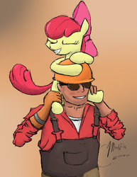 Size: 786x1017 | Tagged: safe, apple bloom, earth pony, human, pony, g4, clothes, crossover, engineer, engineer (tf2), hard hat, hat, pony hat, team fortress 2