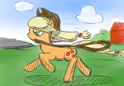 Size: 1000x696 | Tagged: safe, artist:fapalot, applejack, g4, barn, female, frown, lasso, mouth hold, rope, running, solo, unamused, windswept mane