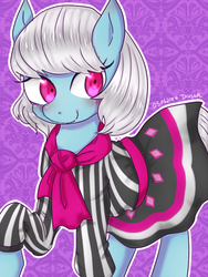 Size: 600x800 | Tagged: safe, alternate version, artist:divided-s, photo finish, earth pony, pony, g4, clothes, female, looking at you, mare, missing accessory, pixiv, smiling, solo