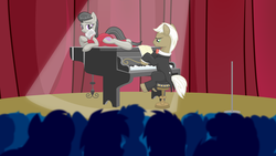 Size: 1920x1080 | Tagged: safe, artist:stainless33, frederic horseshoepin, octavia melody, earth pony, pony, g4, clothes, concert, dress, female, fredtavia, male, mare, microphone, musical instrument, piano, shipping, stallion, straight