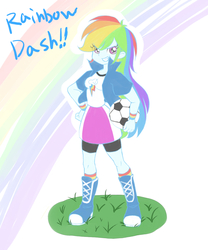 Size: 1000x1200 | Tagged: safe, artist:yukitsuka, rainbow dash, equestria girls, g4, ball, female, football, pixiv, solo