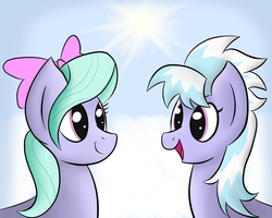 Size: 2500x2000 | Tagged: safe, artist:flufgun, cloudchaser, flitter, pegasus, pony, g4, female, high res, mare, sky, smiling, sun