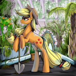 Size: 2500x2500 | Tagged: safe, artist:santagiera, applejack, earth pony, pony, g4, bipedal, bipedal leaning, crossed hooves, female, gardening, greenhouse, high res, plant, plants, shovel, solo, tree