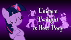Size: 1280x720 | Tagged: safe, artist:kwark85, twilight sparkle, pony, unicorn, g4, alicorn drama, best pony, crossed hooves, drama, eyes closed, op is a duck, op is trying to start shit, smiling, text, the duck goes kwark, unicorn twilight, wallpaper