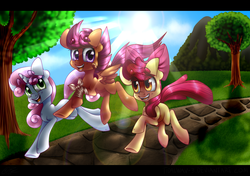 Size: 2348x1652 | Tagged: safe, artist:tidalwav-3, apple bloom, scootaloo, sweetie belle, g4, bandage, cutie mark crusaders, happy