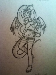 Size: 715x953 | Tagged: safe, artist:belkiscarelli, fluttershy, human, g4, female, humanized, monochrome, solo, tailed humanization, traditional art, winged humanization