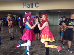 Size: 526x394 | Tagged: safe, artist:lochlan o'neil, artist:sarahndipity cosplay, pinkie pie, sunset shimmer, human, bronycon, bronycon 2014, equestria girls, g4, my little pony equestria girls: rainbow rocks, clothes, cosplay, high heels, irl, irl human, pantyhose, photo, shoes, skirt