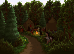 Size: 2340x1700 | Tagged: safe, artist:eriada, oc, oc only, campfire, fire, forest, scenery, tent