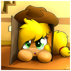 Size: 1500x1500 | Tagged: safe, artist:shinodage, applejack, earth pony, pony, g4, :o, applejack's hat, box, cardboard box, cowboy hat, cute, daaaaaaaaaaaw, female, freckles, hat, hnnng, jackabetes, looking at you, pony in a box, prone, silly, silly pony, solo, stetson, weapons-grade cute, who's a silly pony