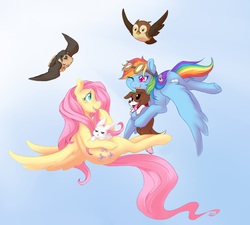 Size: 1006x904 | Tagged: safe, artist:mlpfwb, angel bunny, fluttershy, rainbow dash, winona, bird, falcon, owl, pegasus, peregrine falcon, pony, g4, animal, carrying, female, flying, goggles, mare, pet