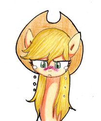 Size: 500x600 | Tagged: dead source, safe, artist:unousaya, applejack, g4, crying, female, sad, simple background, solo, traditional art