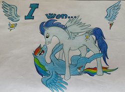 Size: 1024x750 | Tagged: safe, artist:dawn22eagle, rainbow dash, soarin', pegasus, pony, g4, duo, female, lying down, male, on back, ship:soarindash, shipping, stallion, straight, tail, tail feathers, traditional art