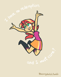 Size: 1200x1500 | Tagged: safe, artist:khuzang, sunset shimmer, equestria girls, g4, armpits, clothes, engrish, female, skirt, solo