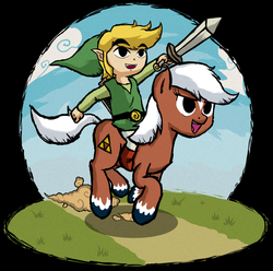 Size: 1157x1149 | Tagged: safe, artist:thebrokencog, earth pony, pony, epona, epony, female, humans riding ponies, link, mare, nintendo, ponified, riding, style emulation, sword, the legend of zelda, the legend of zelda: the wind waker, toon link, weapon